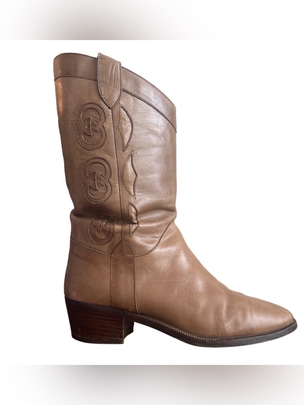 Vintage Gucci GG Leather Cowboy Western Boots Tan EU 39.5 US 9.5 Italy